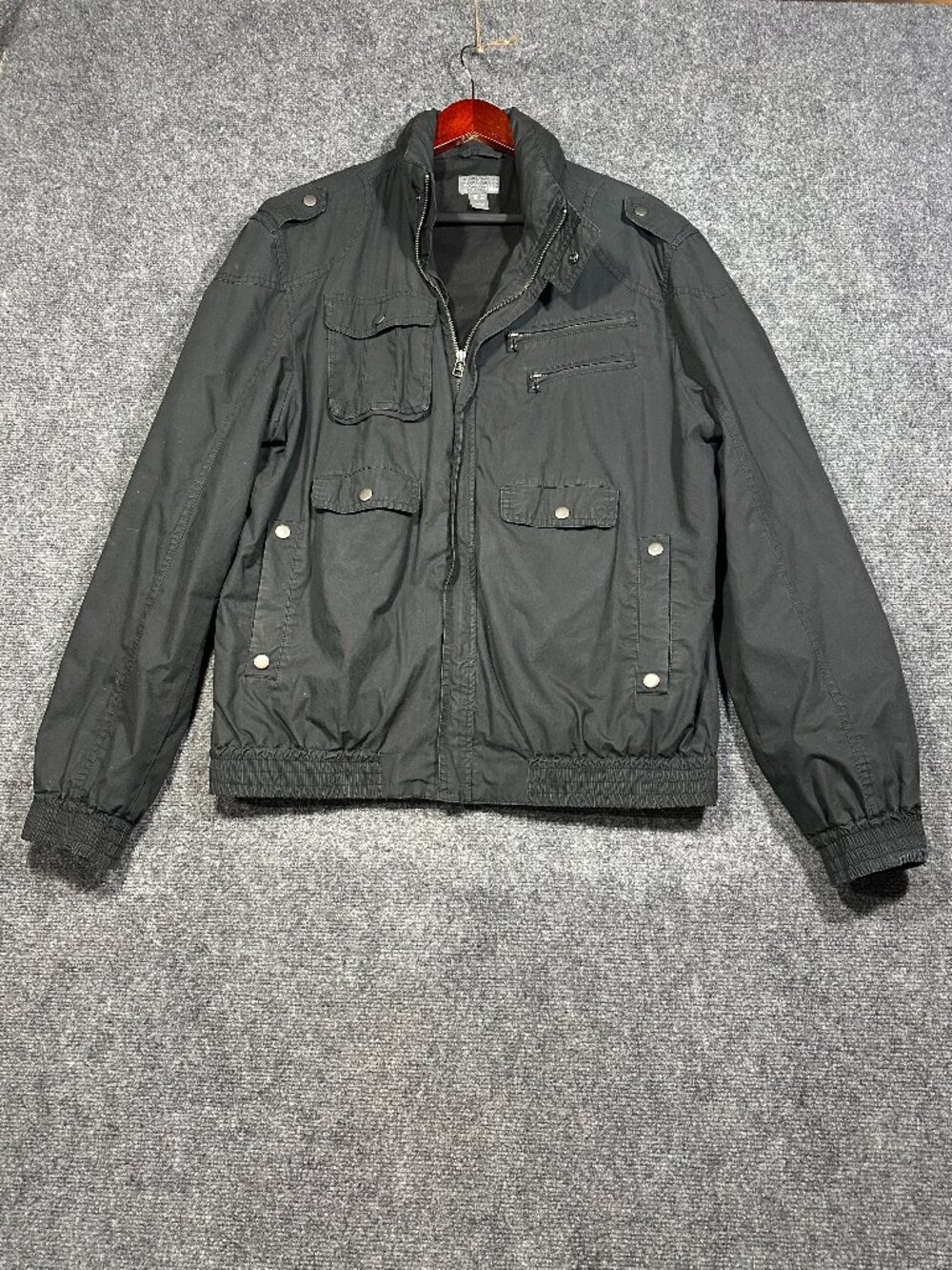 H&M Jacket Mens 44 Black Cotton Lined Full Zip Hidden Hood Snap Pockets
